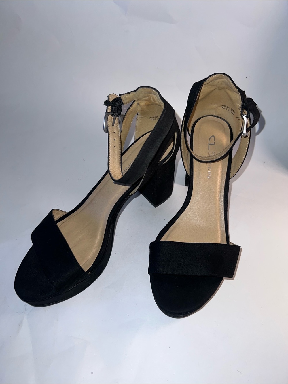 CL By Laundry Women’s Black Faux Suede Strappy Open Toe Buckle Block Heel Sz 9 M
